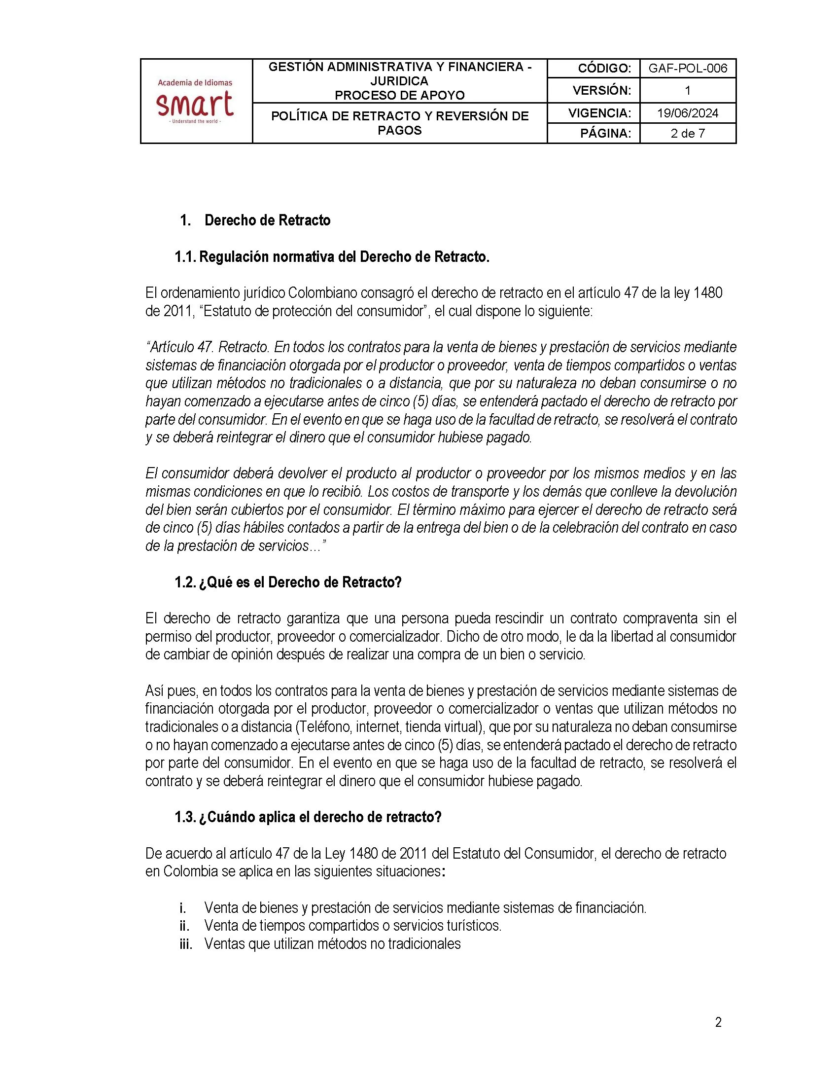 Política de retracto y reversión de pagos — página 2 de 7