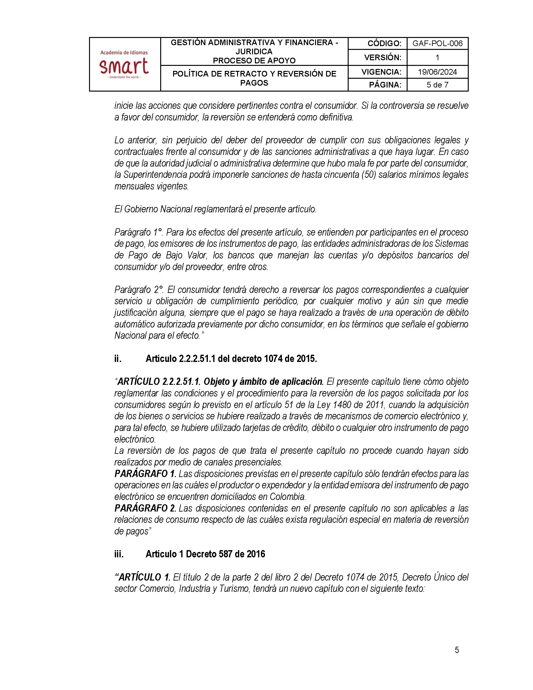 Política de retracto y reversión de pagos — página 5 de 7