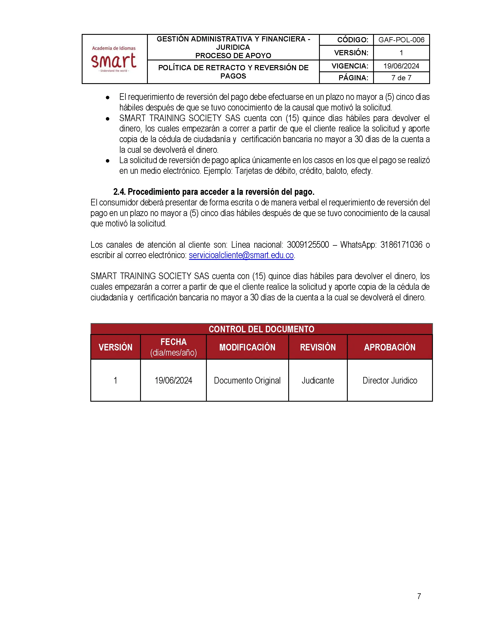 Política de retracto y reversión de pagos — página 7 de 7